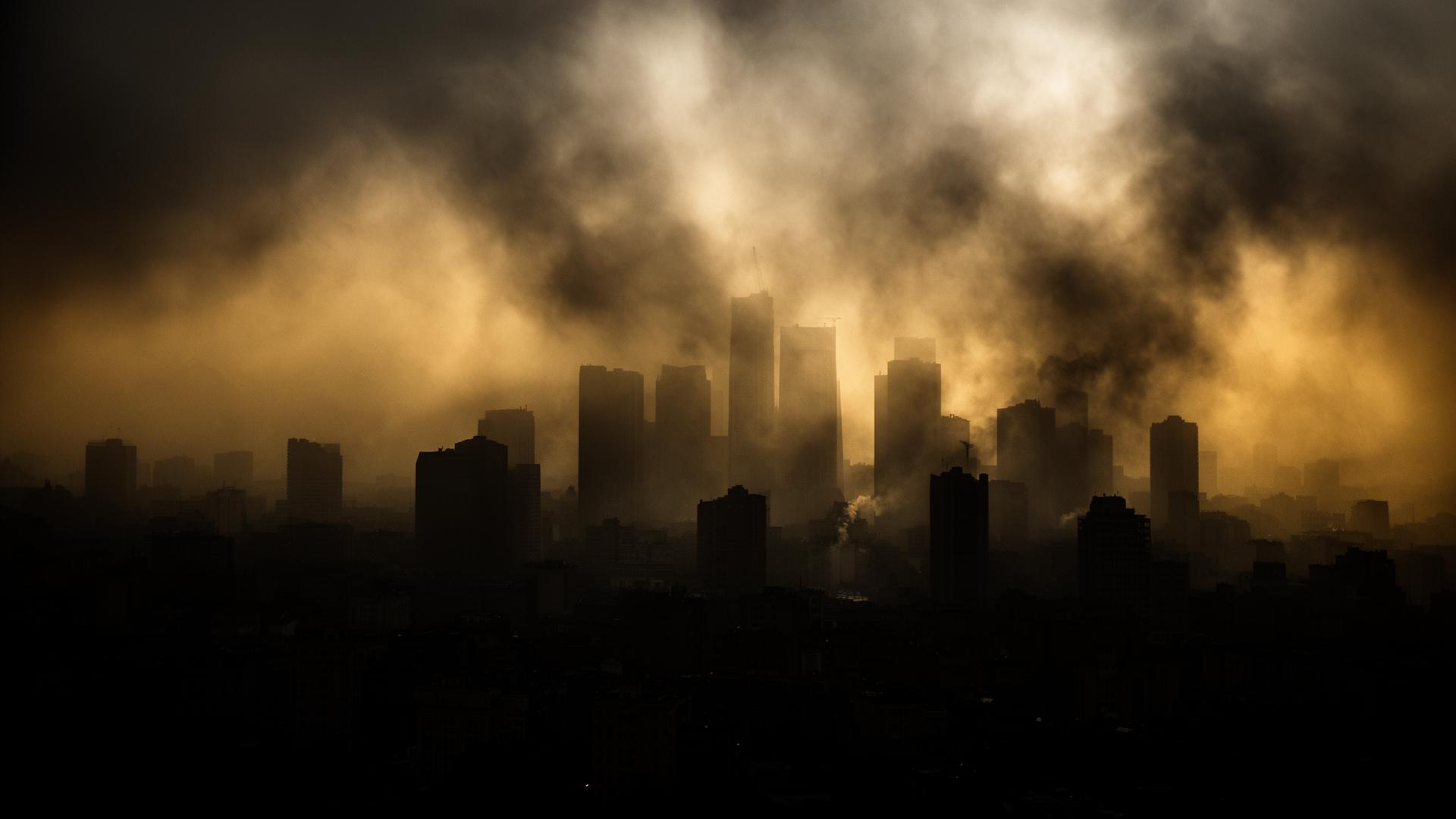 City skyline shrouded in smoke